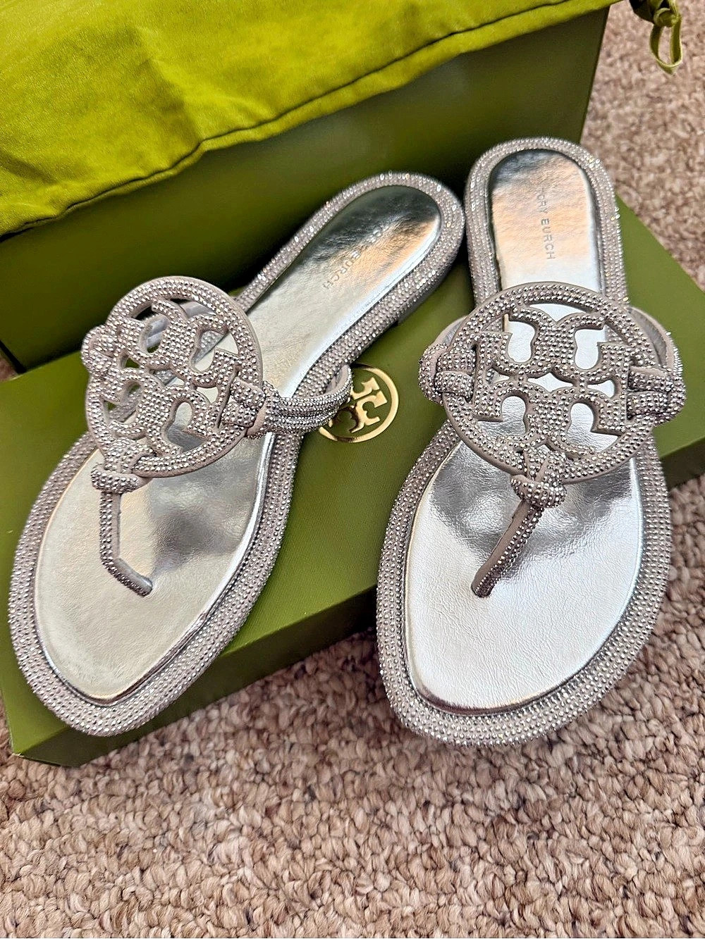Tory Burch Miller Knotted Pave Sandal Crystal Sandals Silver US 8.5